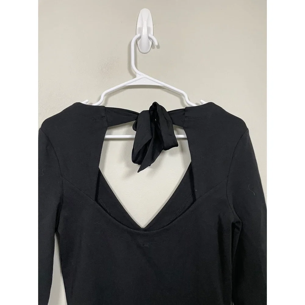 Free People Black V-Neck Open Tie Back Long Sleeve Size Small Casual Essential